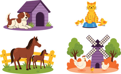 Fototapeta premium Illustration Set of Farm Animals and Pets with Dog, Cat, Horses, and Chickens in Outdoor Farm Settings