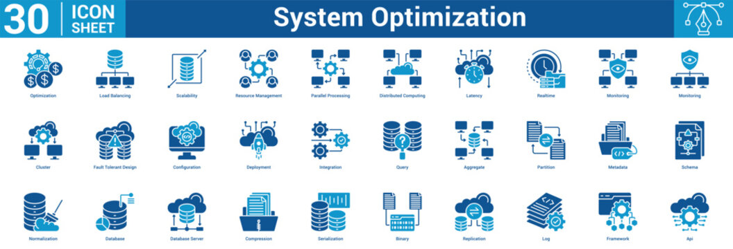 System Optimization editable icon set vector illustration concept for business with icon of Optimization, Load Balancing, Scalability, Resource Management, Parallel Processing, Distributed Computing.
