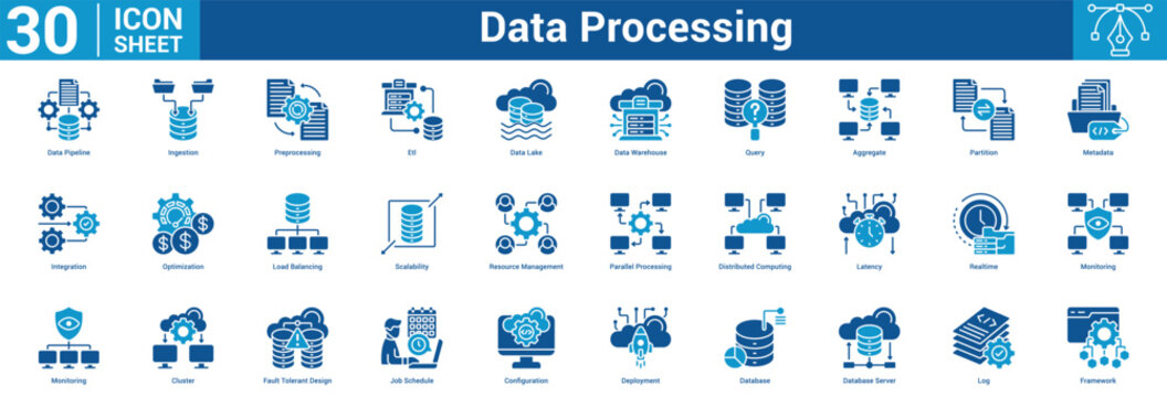 Data Processing editable icon set vector illustration concept for business with icon of Data Pipeline, Ingestion, Preprocessing, Etl, Data Lake, Data Warehouse, Query, Aggregate, Partition, Metadata.