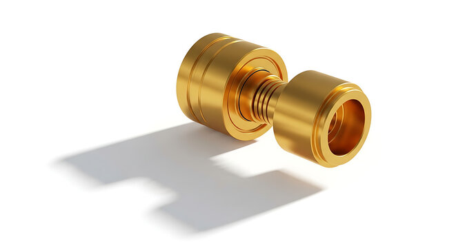 Isolated brass bolt and nut assembly, precision engineered mechanical component with threaded connection, metallic industrial hardware, isolated on white background