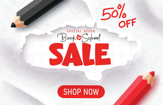 Back to School Sale clipart banner design. School Sale text shopping promo clip art with color pencil in torn of paper doodle School elements background educational advertisement halved discount