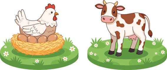 Fototapeta premium Farm Animals - Cute Vector Illustration of Chicken and Cow