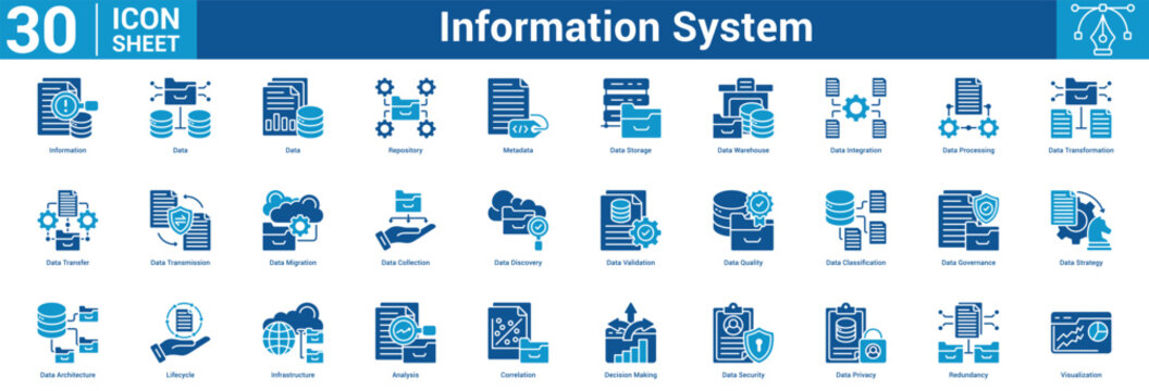 Information System editable icon set vector illustration concept for business with icon of Information, Data, Data, Repository, Metadata, Data Storage, Data Warehouse, Data Integration, Dat.