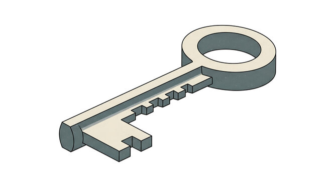 Isolated antique skeleton key, vintage lock opener, security access symbol, idea concept, retro hardware element, cutout on white background