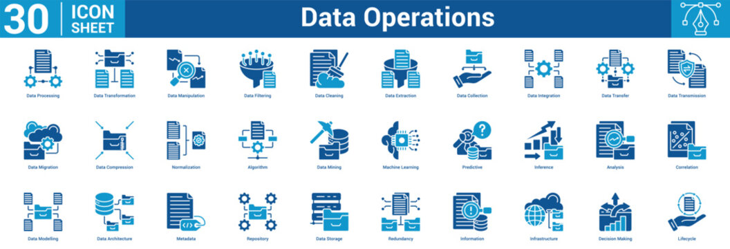 Data Operations editable icon set vector illustration concept for business with icon of Data Processing, Data Transformation, Data Manipulation, Data Filtering, Data Cleaning, Data Extraction, Dat.