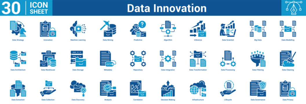 Data Innovation editable icon set vector illustration concept for business with icon of Data Strategy, Innovation, Machine Learning, Data Mining, Predictive, Algorithm, Inference, Data Scientist, Bi.