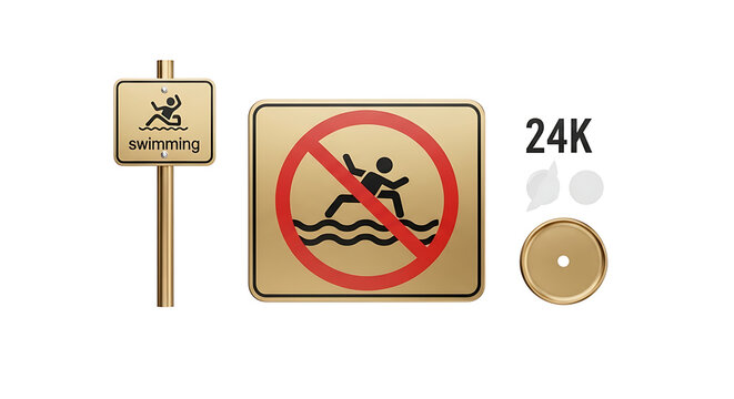 Golden signs for 'no swimming' and 'diving prohibition' with '24K' inscription, isolated on white background, representing safety regulations