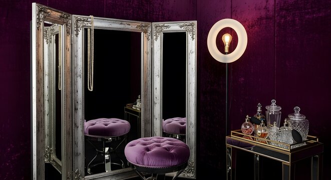 Luxurious Dressing Room With Ornate Mirror Frame And Plush Purple Stools Illuminated By A Modern Wall Lamp