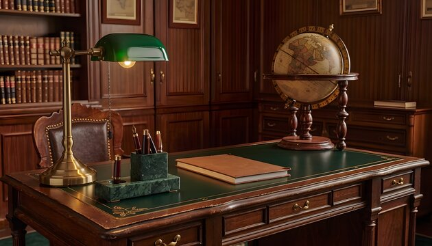 Luxurious Old-Fashioned Study Room with Antique Desk, Globe, Bookshelves, and Brass Lamp Creating a Classic Ambiance