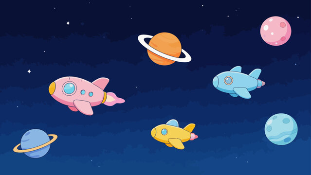 Colorful cartoon spaceships and planets