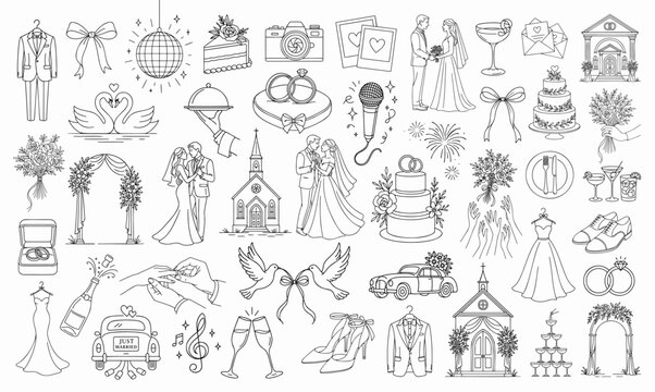 Wedding icons collection in elegant line style. Includes romantic symbols, ceremony elements, and celebration details. Perfect for invitations, cards, and event design.