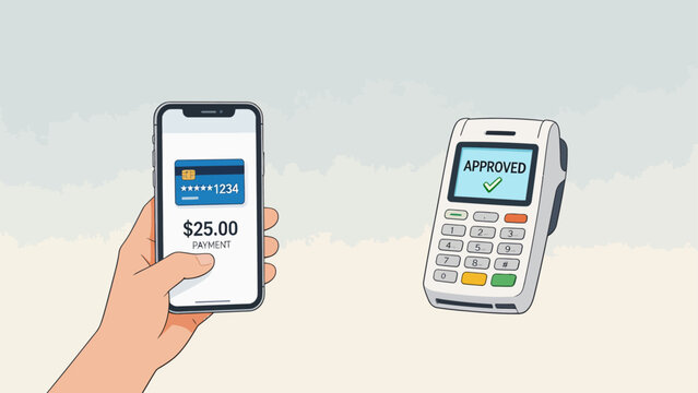 Hand holding phone with payment screen near card reader