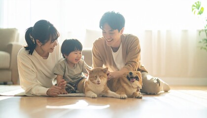 Plakat Japanese Family Playing with Shiba Inu Dog and Cat in Bright Living Room