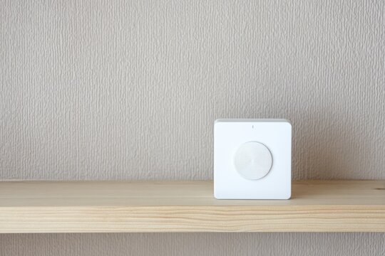 Compact white weather monitoring sensor device resting on a light wood shelf against a textured wall