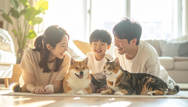 Japanese Family Playing with Shiba Inu Dog and Cat in Bright Living Room