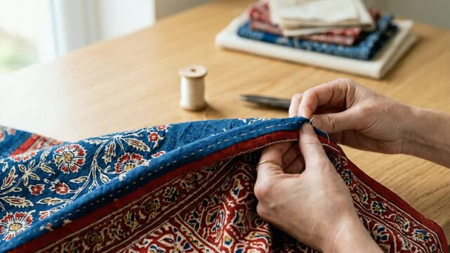Close-up of hands sewing detailed blue patterned fabric
