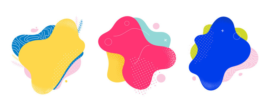 Abstract organic liquid shapes in vibrant yellow pink and blue colors with grain texture and geometric patterns isolated