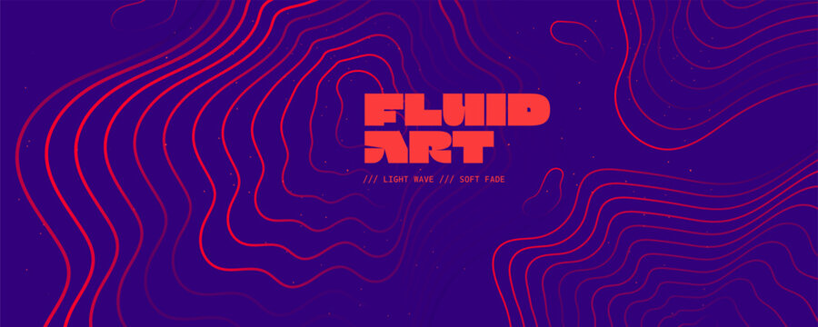 Abstract vector background with neon red topographic wavy lines and small particles on a deep purple surface