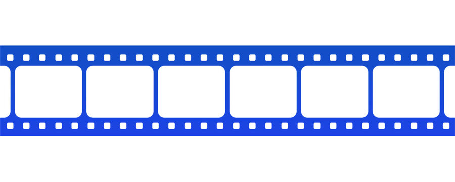 Horizontal blue film strip with empty white frames and sprocket holes isolated
