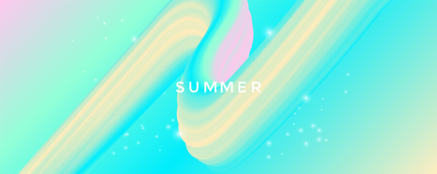 Fluid wave in turquoise and pale yellow tones with glowing spark particles. Summer soft gradient background