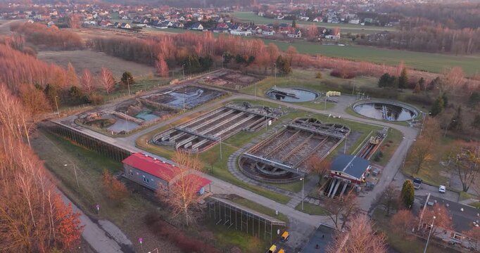 Aerial view of sewage treatment plant infrastructure from drone