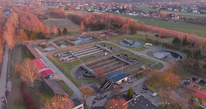 Aerial view of sewage treatment plant infrastructure from drone
