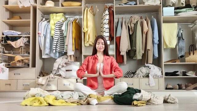 Woman meditating near wardrobe with messy clothes indoors