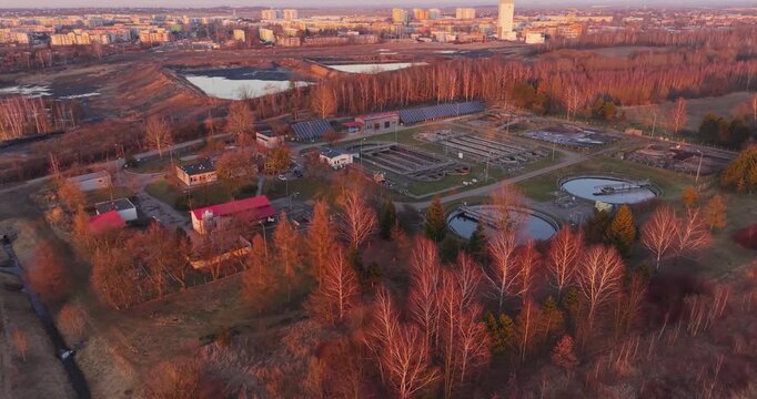 Aerial view of sewage treatment plant infrastructure from drone