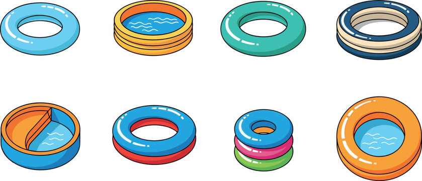 Set of colorful inflatable pool rings and swimming floats isolated on white background summer vacation water fun vector illustration collection