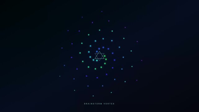 A mesmerizing digital manifestation of AI powered brainstorming features shimmering multicolored data spheres swirling in a cinematic vortex around a glowing geometric centerpiece on dark void
