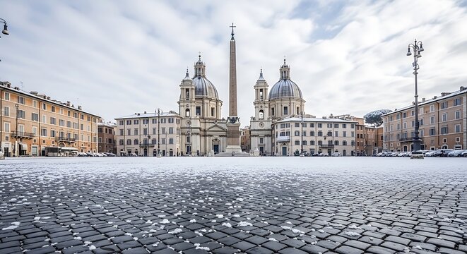 Snowcovered piazza navona in rome with santagnese in agone church and the fountain of the four rivers obelisk under a cloudy sky