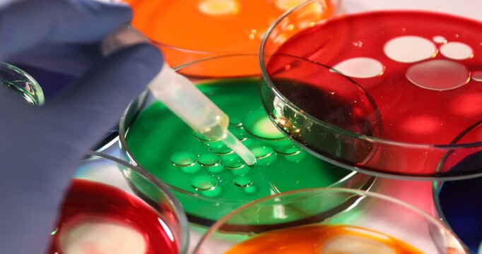 Scientist dripping reagent into Petri dish with sample at table, closeup