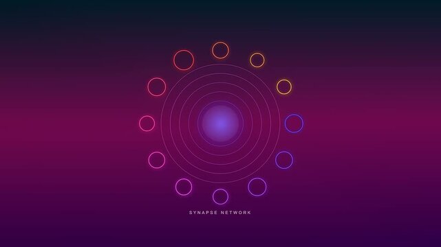A sophisticated visualization of AI powered brainstorming manifests as glowing neon spheres orbiting a central pulsing core within a vast deep purple digital ether