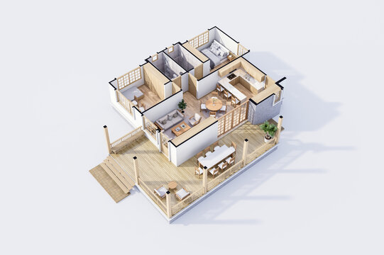 3D isometric modern house plan featuring a modern living room, two bedrooms, kitchen, and a wooden deck. Detailed architectural floor plan with furniture. 3d render.