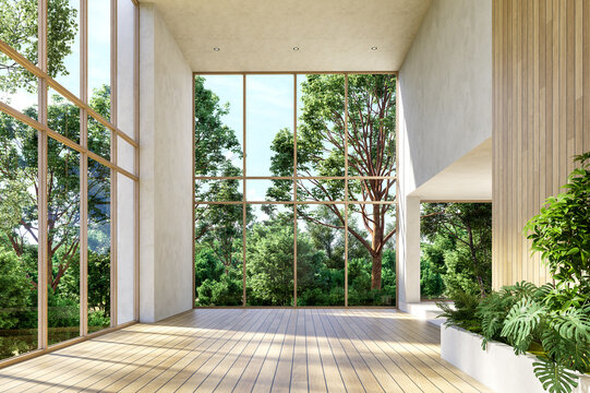 Modern contemporary empty room with double-height ceiling and large windows overlooking lush green trees 3d render