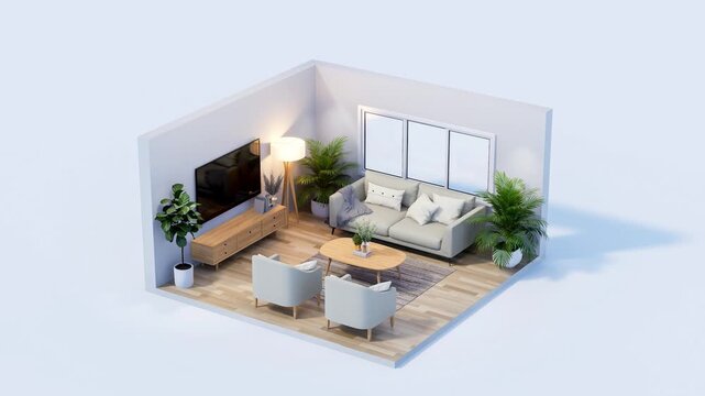 Modern isometric living room interior Features minimalist furniture, a cozy sofa, indoor plants, and large windows with a lush garden view. Bright 3d animation render.