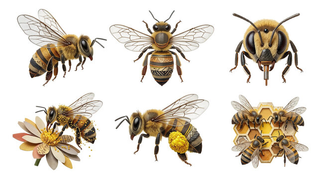 Six realistic honeybee illustrations showing side, front and head close-ups, bees collecting pollen on a flower, carrying pollen and clustered on a honeycomb, isolated on transparent background