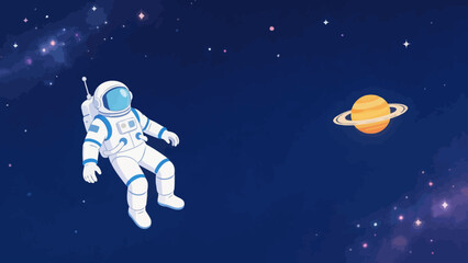 Astronaut floating in space near Saturn © KY