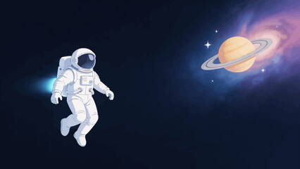 Astronaut floating in space near Saturn © KY