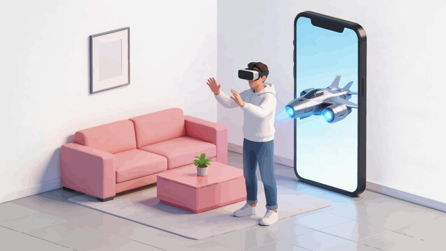 Man using VR headset in living room