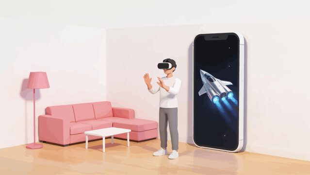 Man using VR headset in living room
