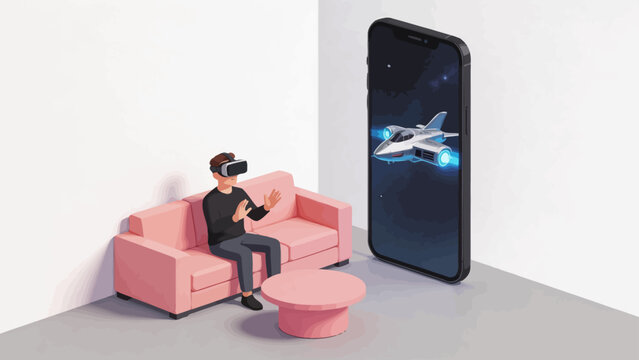 Person using VR headset with virtual plane