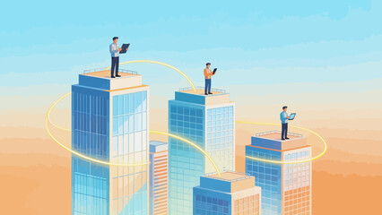 Businessmen on skyscrapers with digital connections © KY