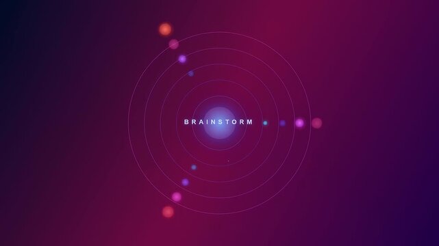 A sophisticated digital visualization of AI powered brainstorming featuring glowing neon nodes and expanding concentric rings orbiting a luminous central core within a deep violet atmosphere