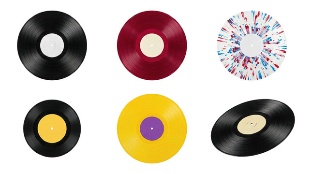 Flat lay of six vinyl records in various colors and styles, including black, red, yellow and splatter designs on a transparent background