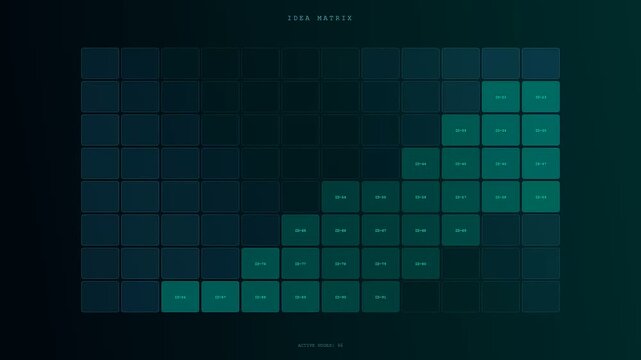 An intricate digital visualization of AI powered brainstorming depicting a sequenced activation of modular data nodes within a dark futuristic matrix for strategic conceptual development
