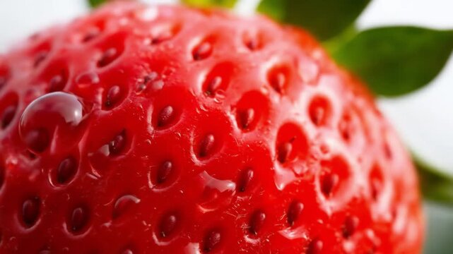 Closeup of a bright red strawberry with water droplets and seeds Green leaves are partially visible in the blurred background