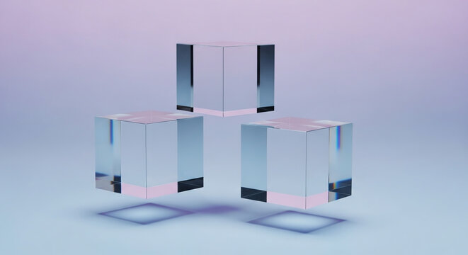 Abstract composition featuring 12 square boxes made of transparent glass floating in a minimalist studio space with soft pastel gradient lighting