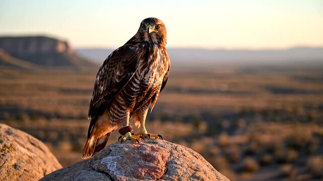 Majestic Red Tailed Hawk Perched on a Desert Rock at Sunset.