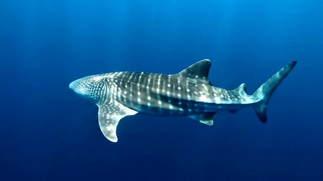 Majestic whale shark swimming through deep blue ocean waters.